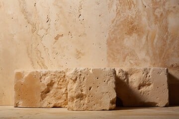 Foto di tre mattoni di marmo travertino poggiati su un pavimento di travertino
